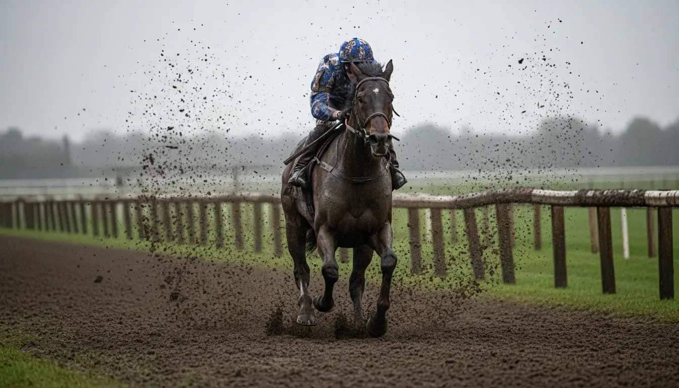 Paard galoppeert over natte grasbaan met opspattend water