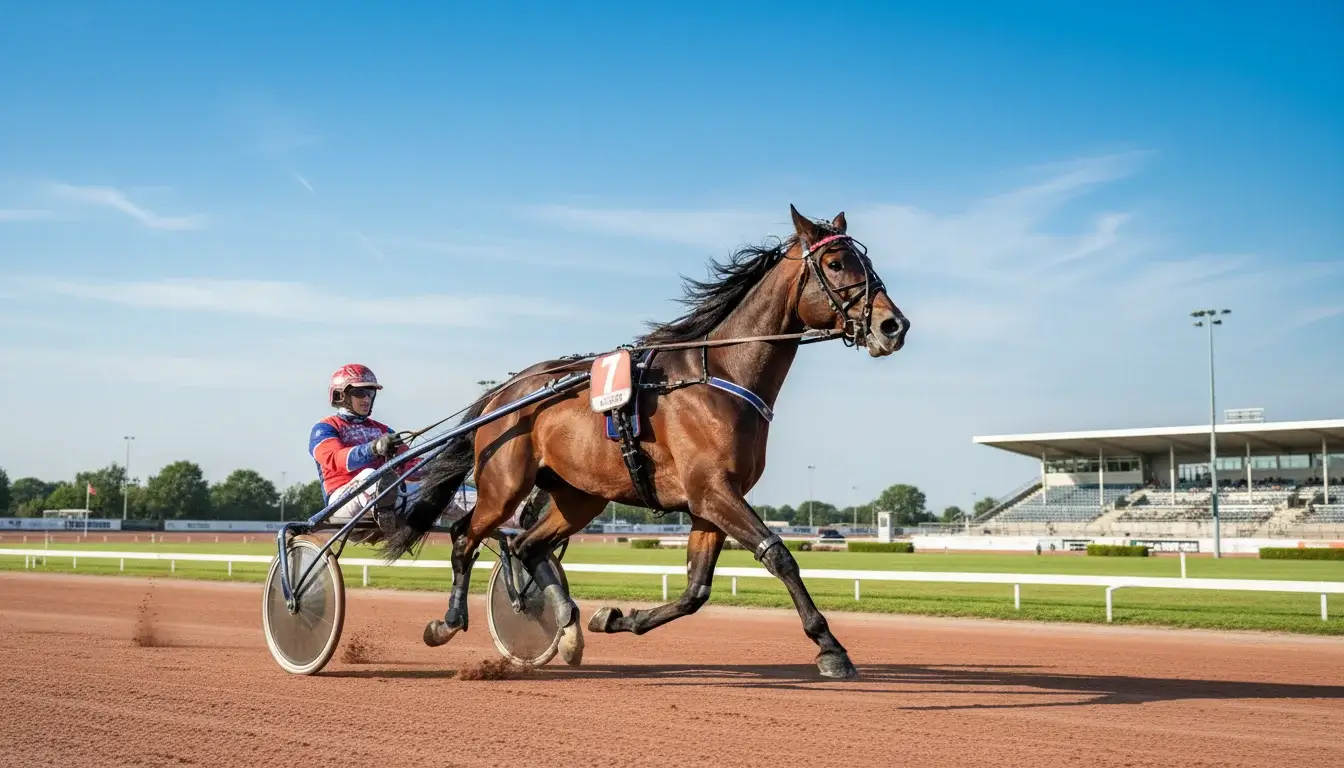 Draverij met sulky en pikeur op Nederlandse drafbaan