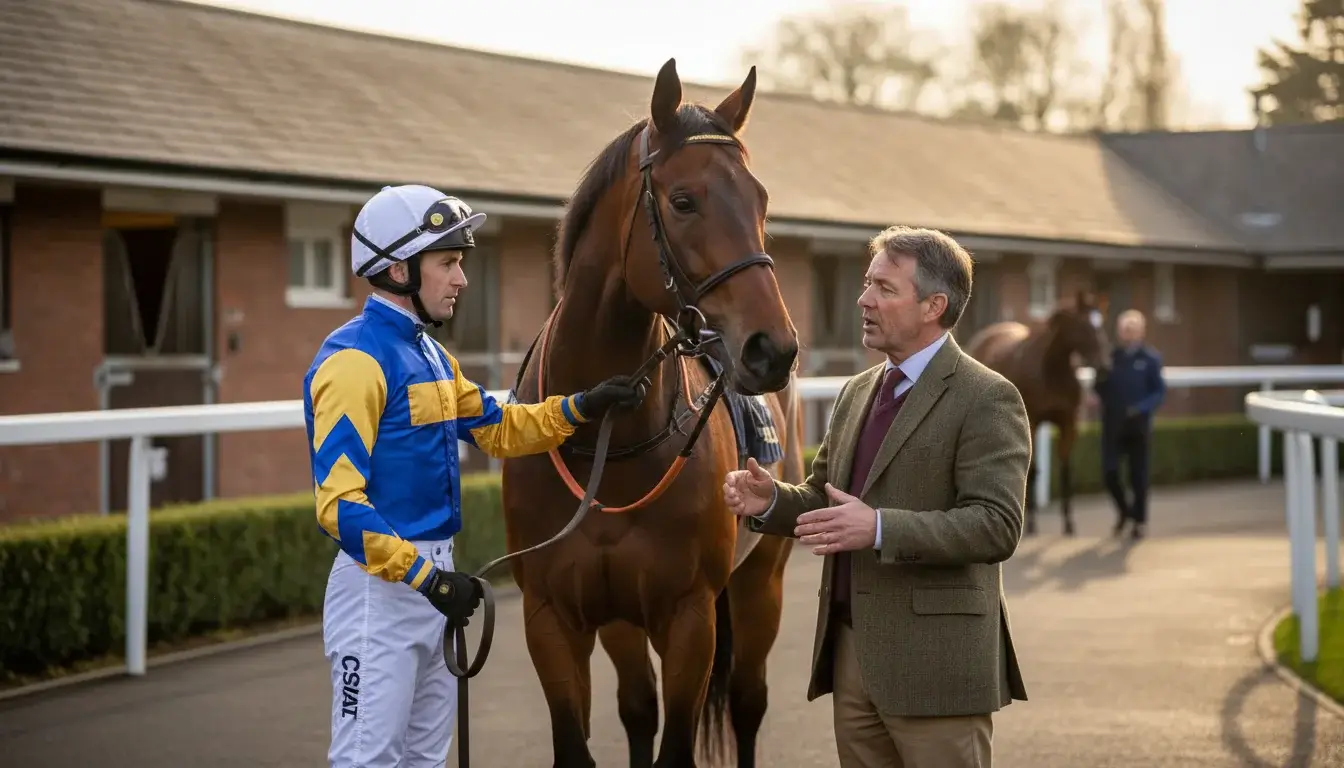 Jockey op paard met trainer die instructies geeft