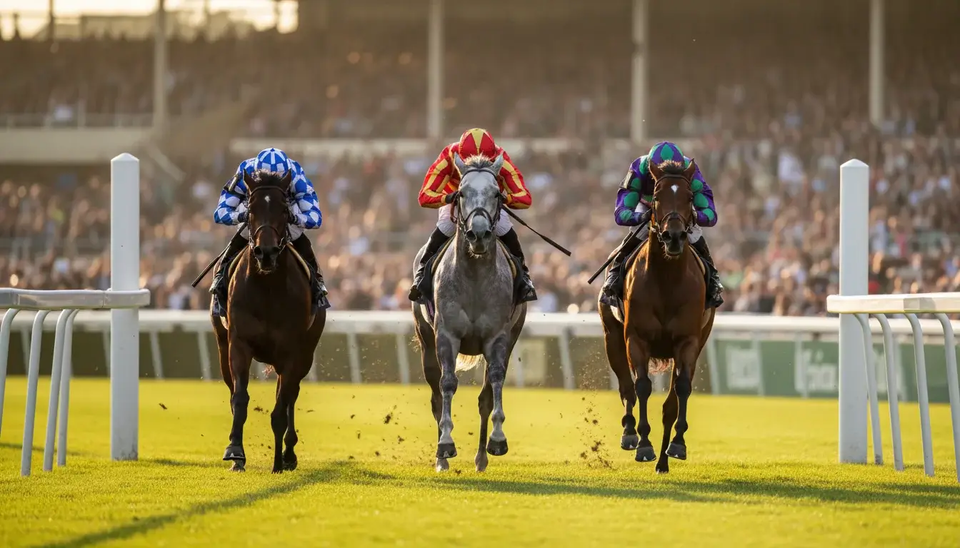 Drie paarden finishen dicht bij elkaar in paardenrace