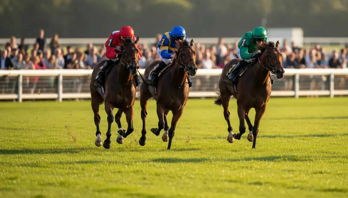 Paardenrace op Nederlandse renbaan met publiek en spanning
