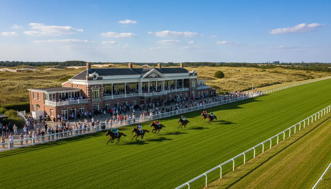 Renbaan Duindigt met publiek en paarden op de baan