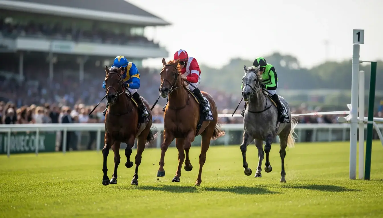 Drie paarden in trifecta finish tijdens paardenrace