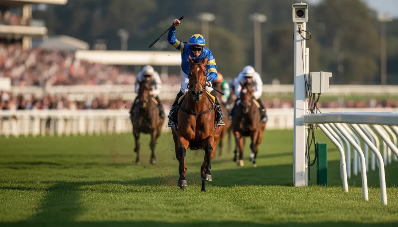 Paard passeert finishlijn als winnaar tijdens race